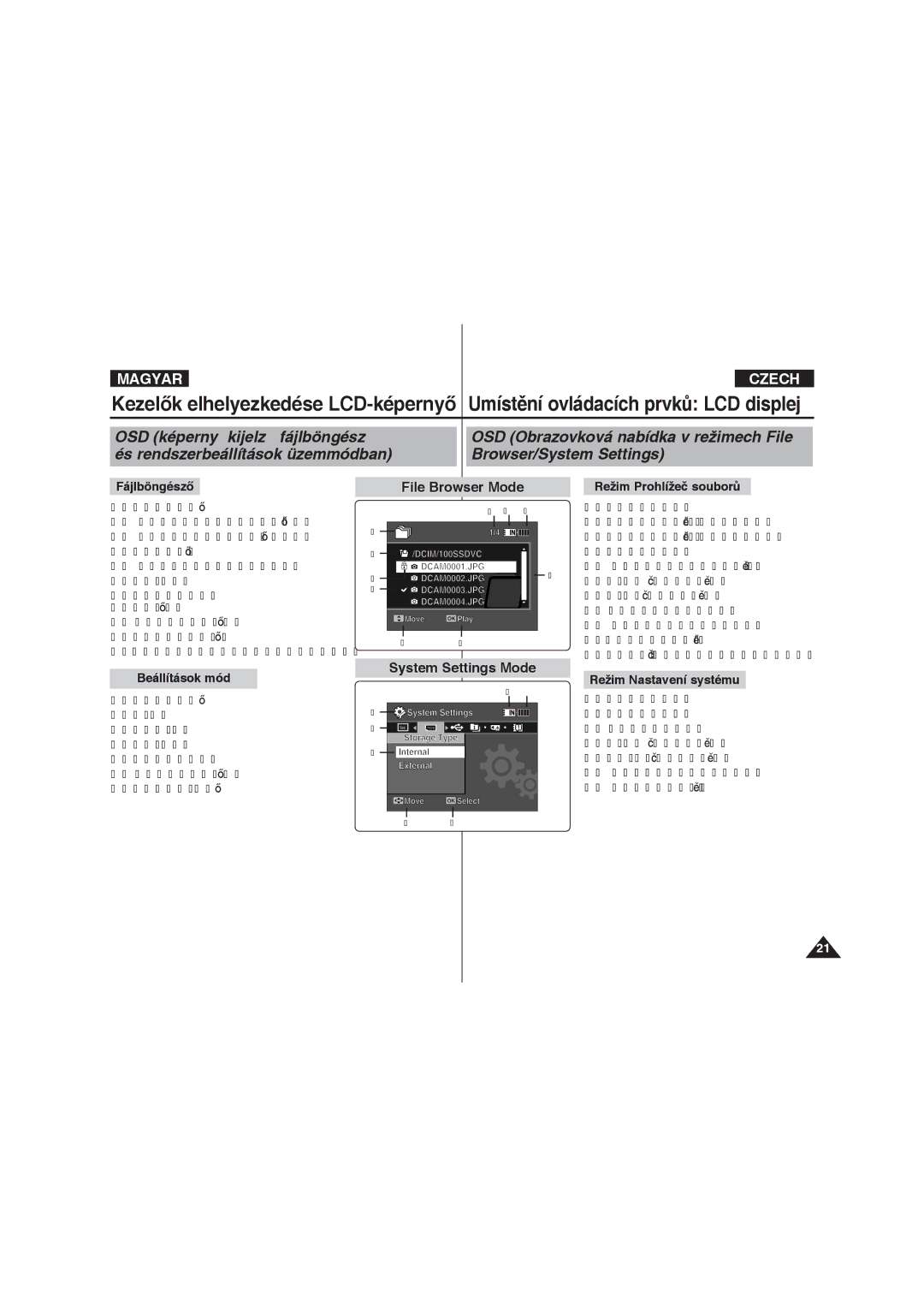 Samsung VP-X220L/XEO manual Fájlböngésző, Beállítások mód, Režim Prohlížeč souborů, Režim Nastavení systému 