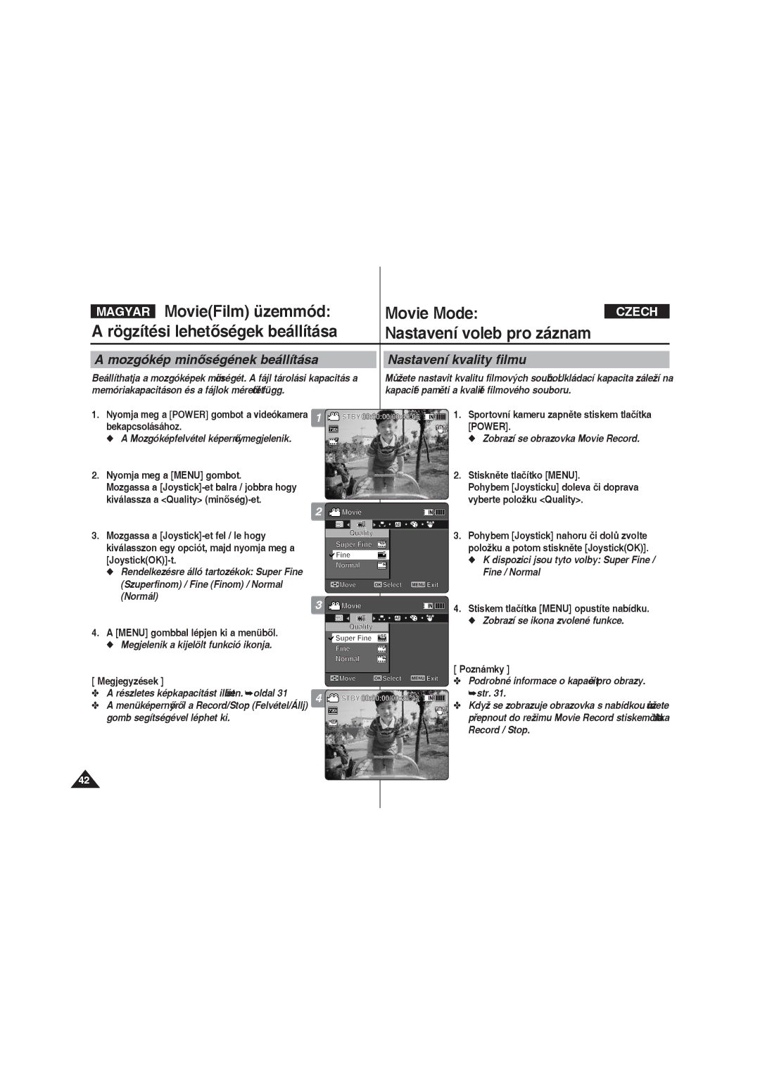 Samsung VP-X220L/XEO manual Mozgókép minőségének beállítása, Nastavení kvality filmu 