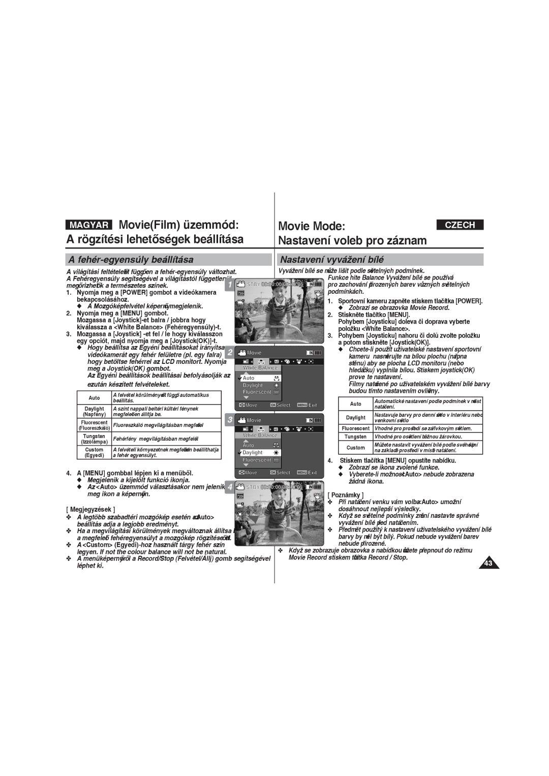 Samsung VP-X220L/XEO manual Fehér-egyensúly beállítása Nastavení vyvážení bílé 