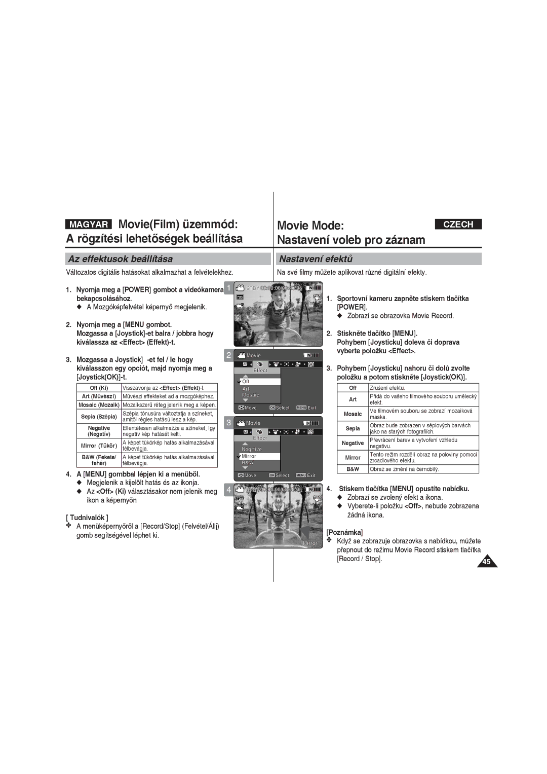 Samsung VP-X220L/XEO manual Az effektusok beállítása Nastavení efektů 