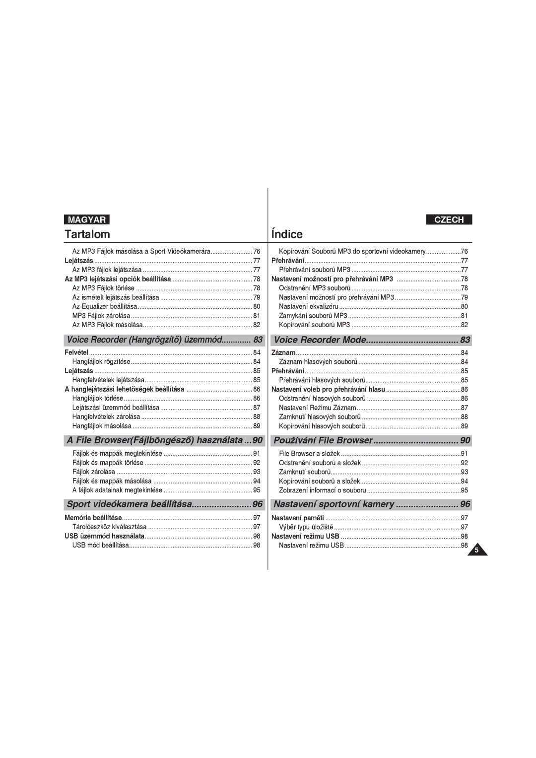 Samsung VP-X220L/XEO manual Tartalom Índice, File BrowserFájlböngésző használata, Sport videókamera beállítása 