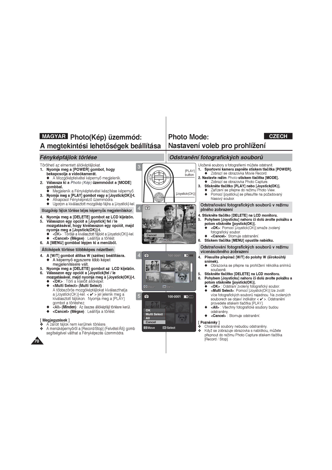 Samsung VP-X220L/XEO manual Fényképfájlok törlése Odstranění fotografických souborů, Állóképek törlése többképes nézetben 