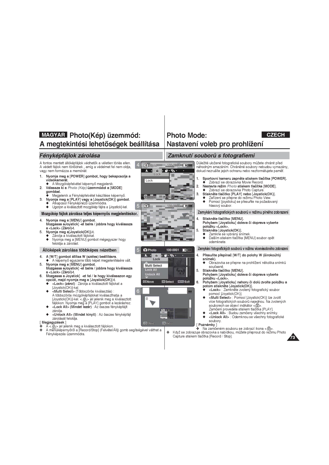 Samsung VP-X220L/XEO manual Fényképfájlok zárolása Zamknutí souborů s fotografiemi 