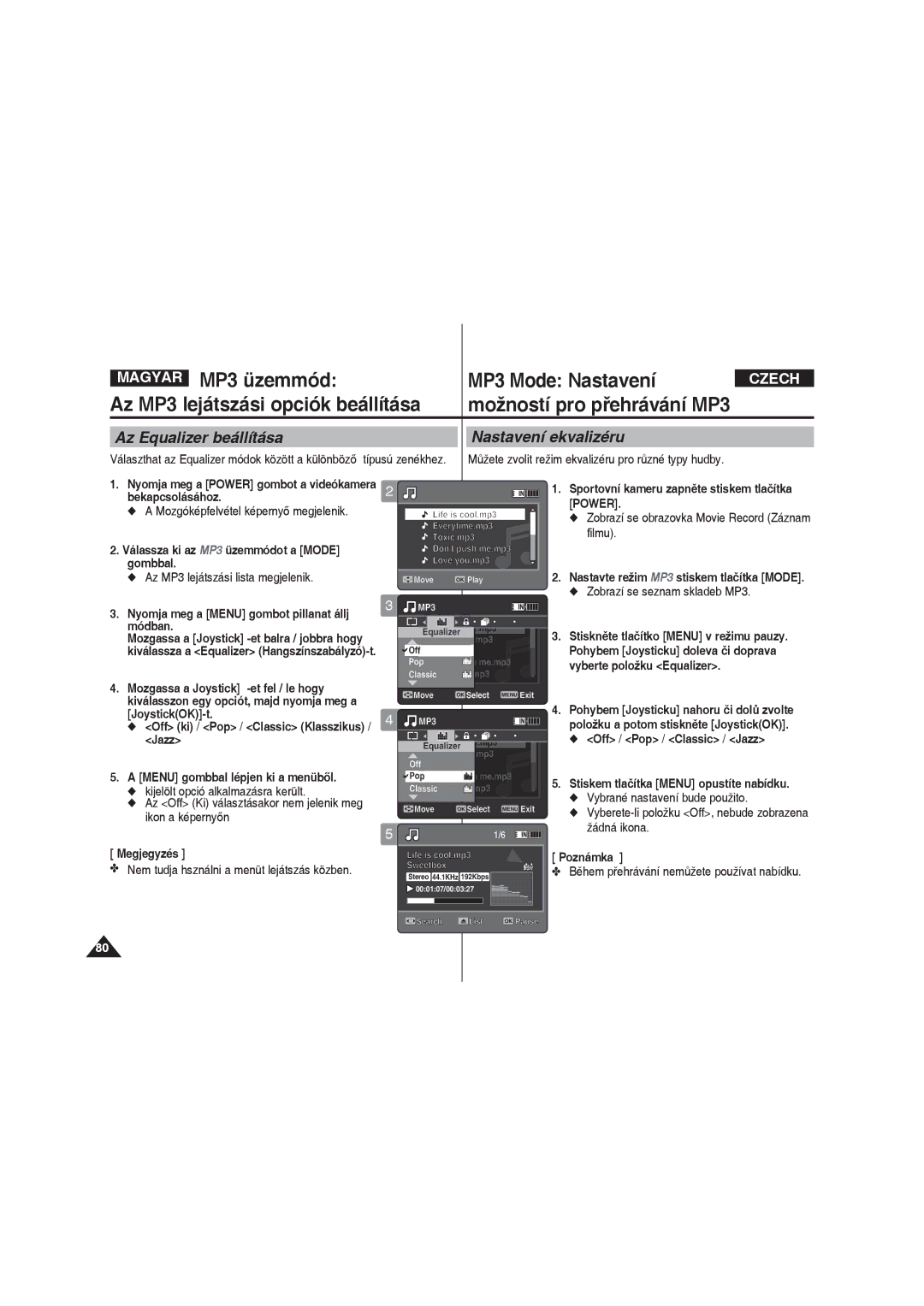 Samsung VP-X220L/XEO manual Az MP3 lejátszási opciók beállítása, Az Equalizer beállítása Nastavení ekvalizéru 