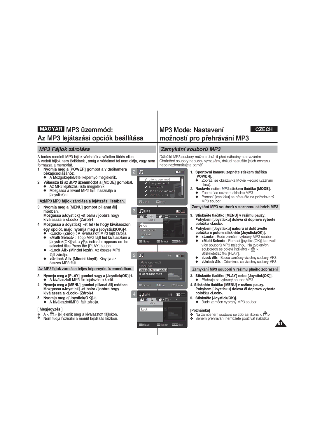 Samsung VP-X220L/XEO manual MP3 Fájlok zárolása Zamykání souborů MP3 