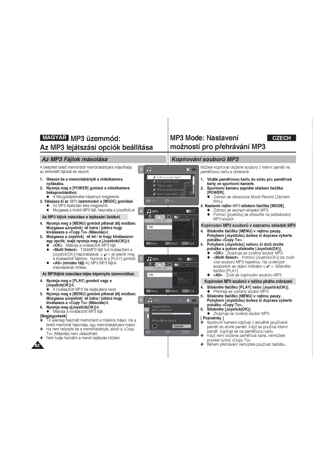 Samsung VP-X220L/XEO manual Az MP3 Fájlok másolása Kopírování souborů MP3, Kopírování MP3 souborů v seznamu skladeb MP3 