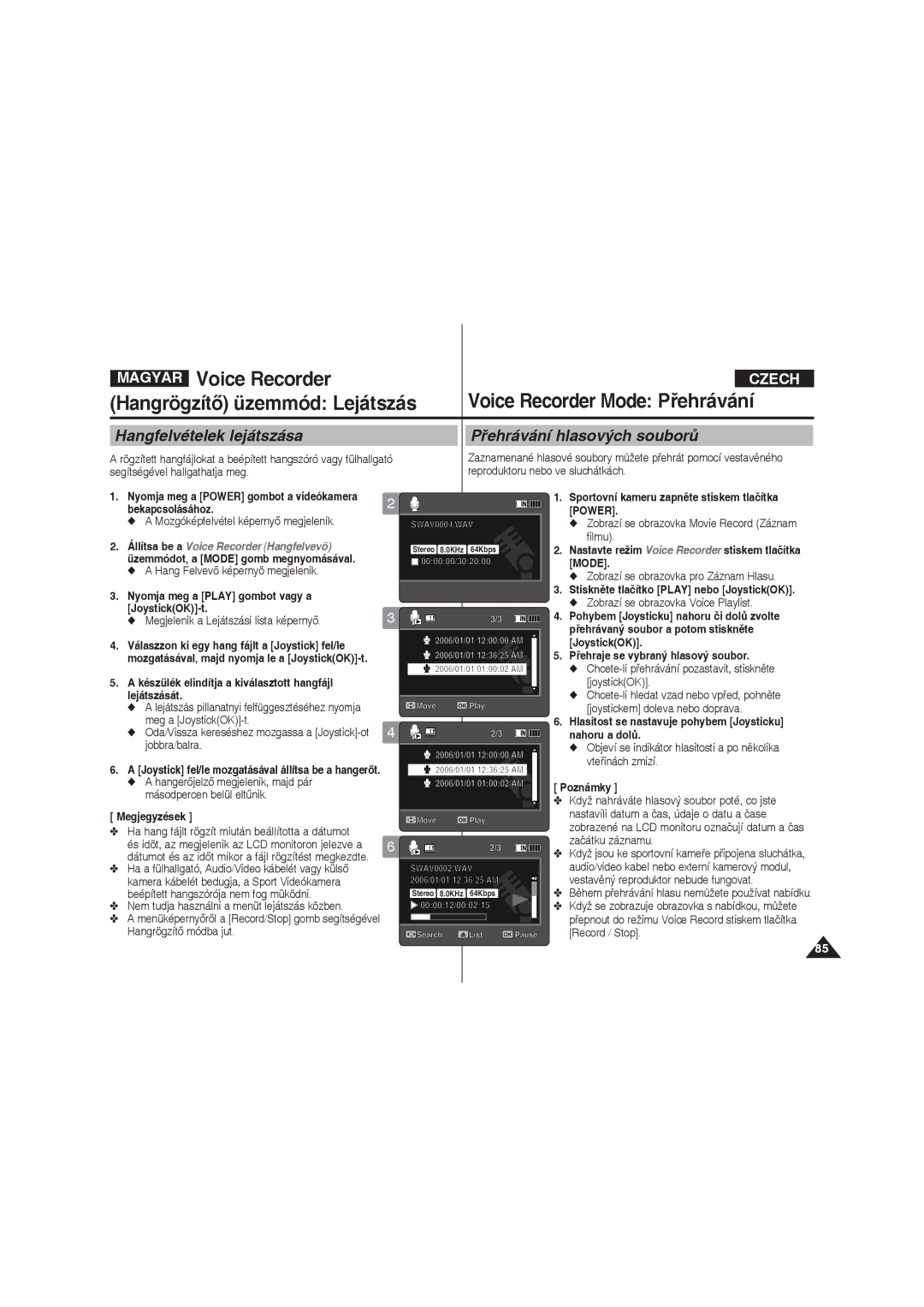 Samsung VP-X220L/XEO manual Voice Recorder, Hangfelvételek lejátszása Přehrávání hlasových souborů 