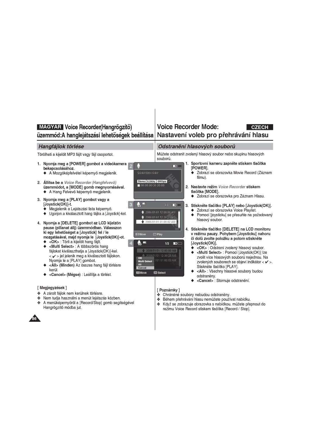 Samsung VP-X220L/XEO manual Voice RecorderHangrögzítő Voice Recorder Mode, Nastavení voleb pro přehrávání hlasu 