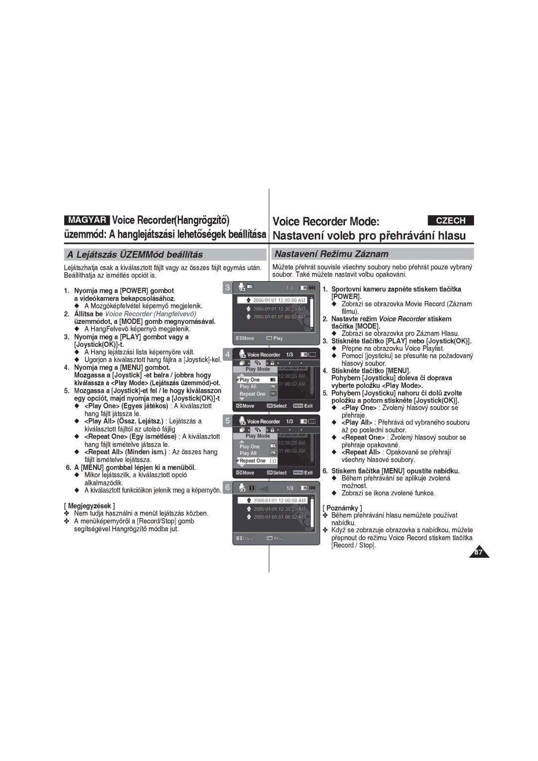 Samsung VP-X220L/XEO manual Lejátszás ÜZEMMód beállítás Nastavení Režimu Záznam, Play One Egyes játékos a kiválasztott 