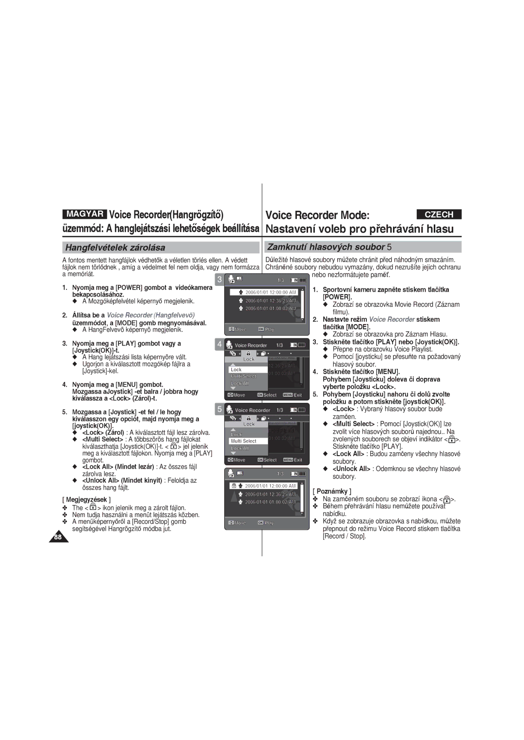 Samsung VP-X220L/XEO manual Hangfelvételek zárolása Zamknutí hlasových souborů 