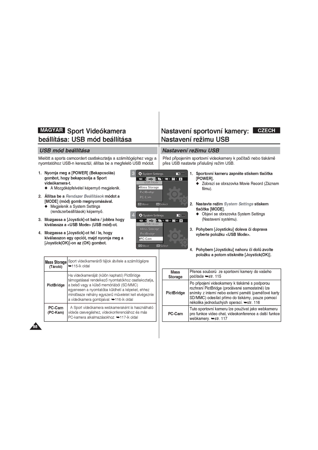 Samsung VP-X220L/XEO manual Beállítása USB mód beállítása Nastavení režimu USB 