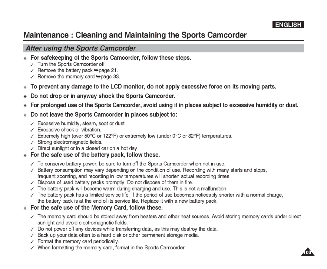 Samsung VP-X300L manual Maintenance Cleaning and Maintaining the Sports Camcorder, After using the Sports Camcorder 