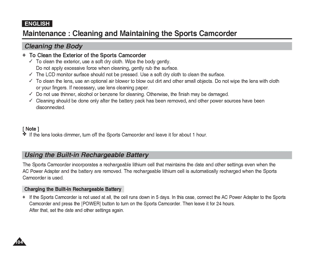 Samsung VP-X300 Cleaning the Body, Using the Built-in Rechargeable Battery, To Clean the Exterior of the Sports Camcorder 