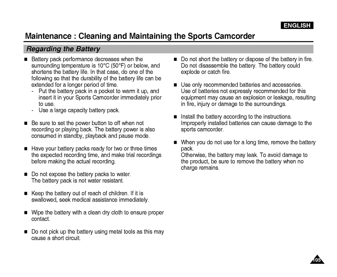 Samsung VP-X300L manual Regarding the Battery 