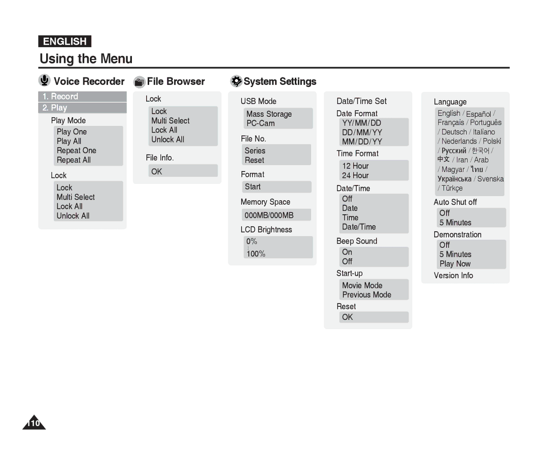 Samsung VP-X300L manual System Settings, Voice Recorder File Browser 