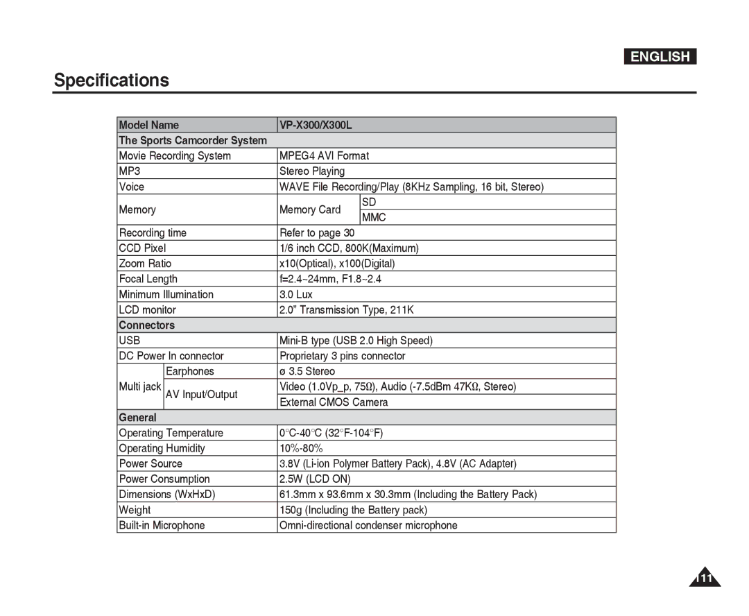 Samsung VP-X300L manual Specifications, Model Name, Connectors, General 