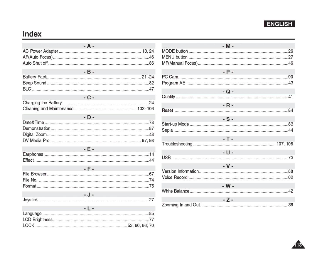 Samsung VP-X300L manual Index, 103~106 