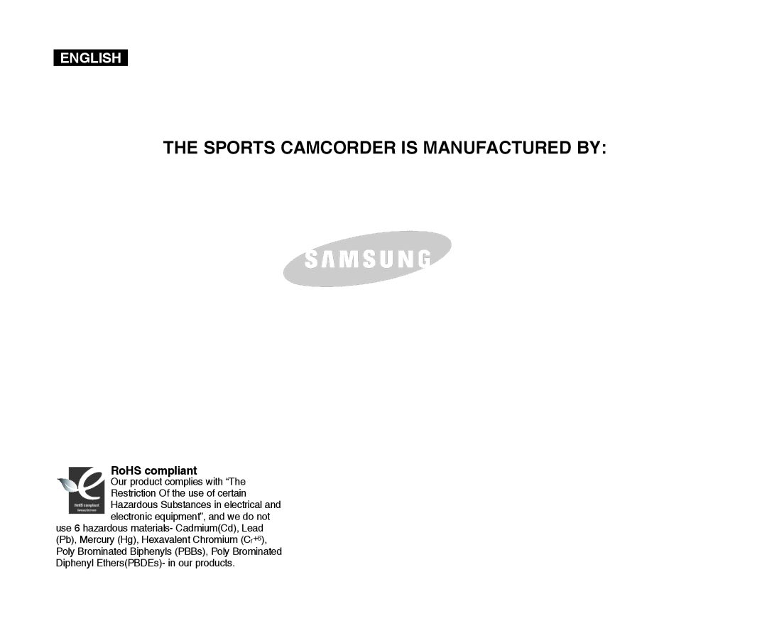 Samsung VP-X300L manual Sports Camcorder is Manufactured by, RoHS compliant 