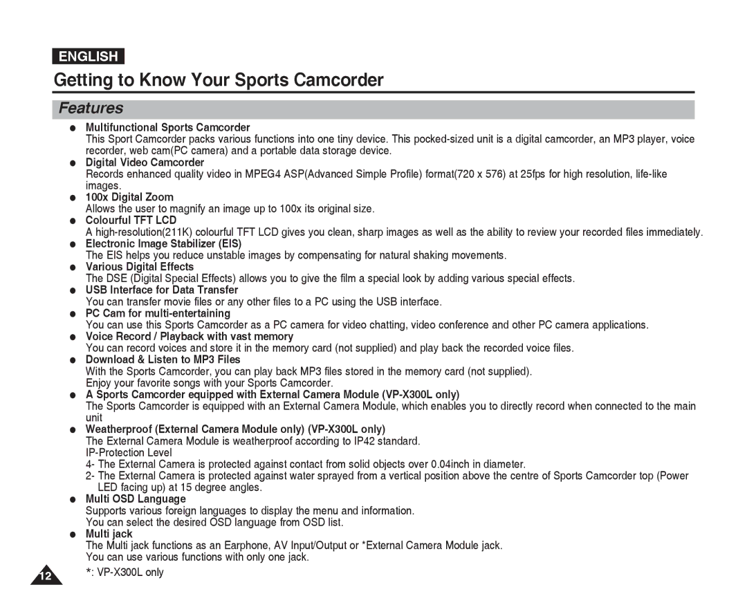 Samsung VP-X300L manual Getting to Know Your Sports Camcorder, Features 