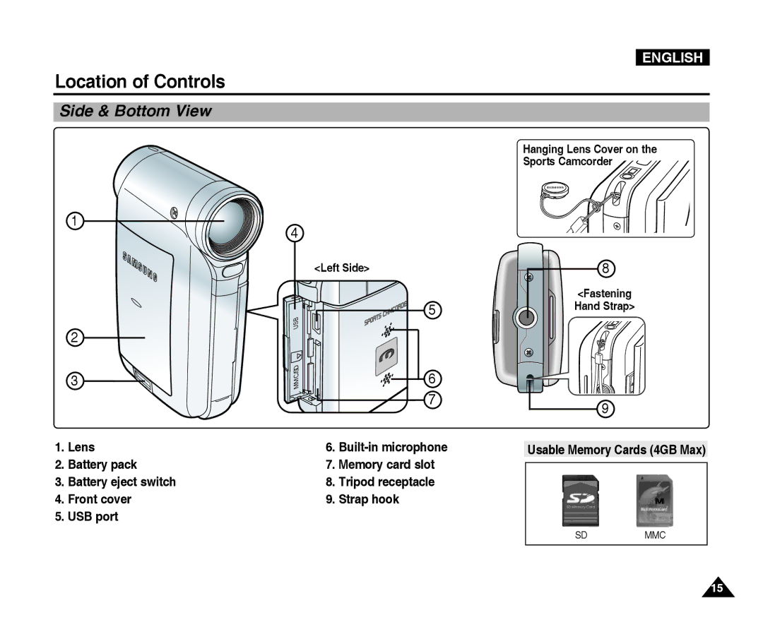 Samsung VP-X300L manual Side & Bottom View, Lens Battery pack Battery eject switch Front cover USB port, Left Side 