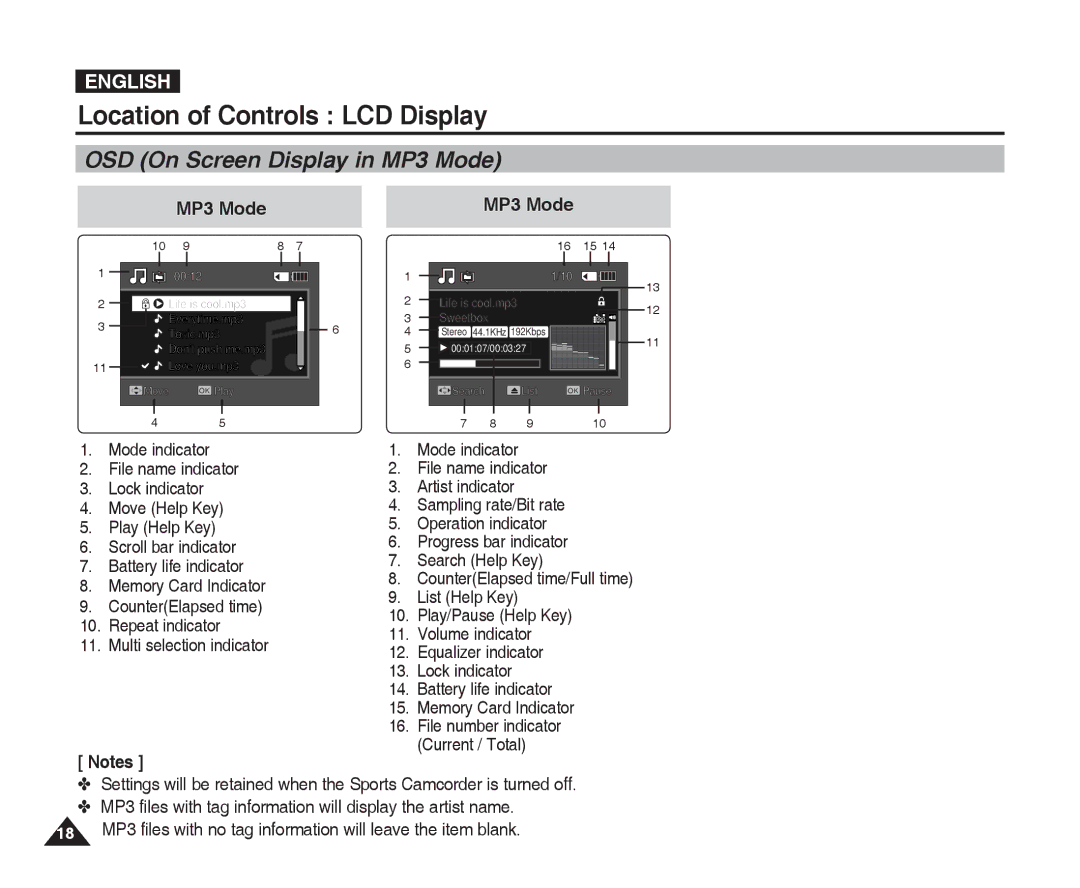 Samsung VP-X300L manual OSD On Screen Display in MP3 Mode 