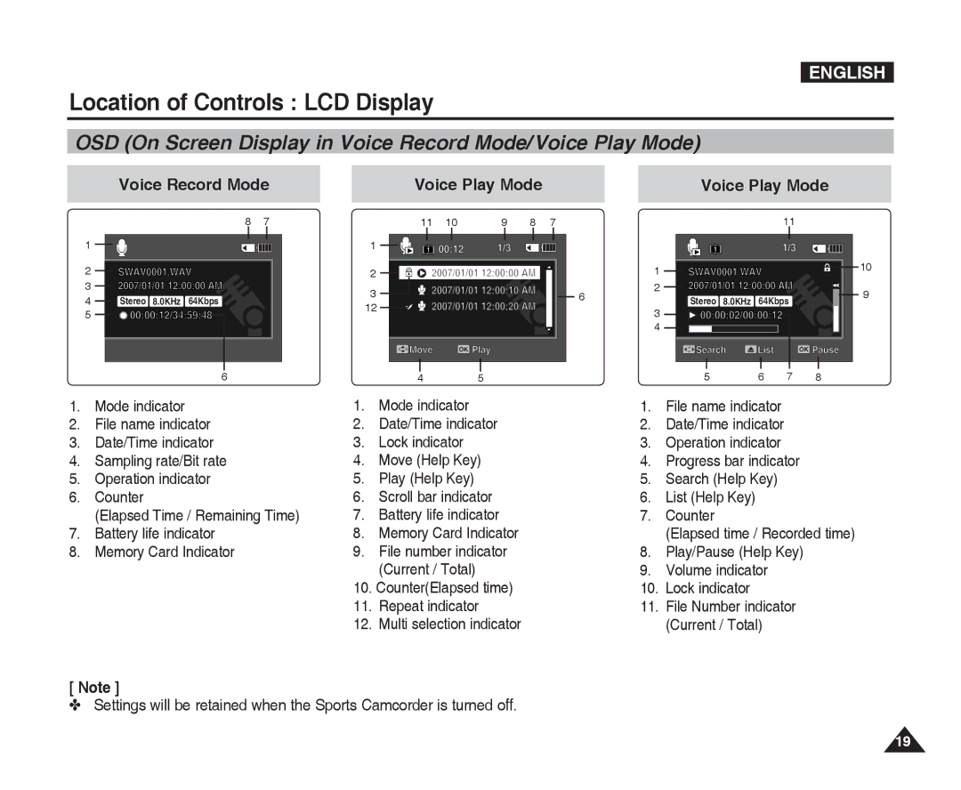 Samsung VP-X300L manual OSD On Screen Display in Voice Record Mode/Voice Play Mode, Voice Record Mode Voice Play Mode 