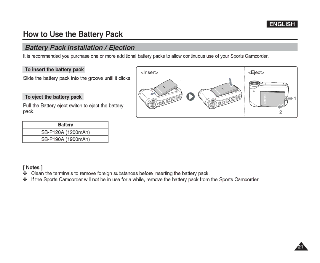 Samsung VP-X300L manual How to Use the Battery Pack, Battery Pack Installation / Ejection, To insert the battery pack 