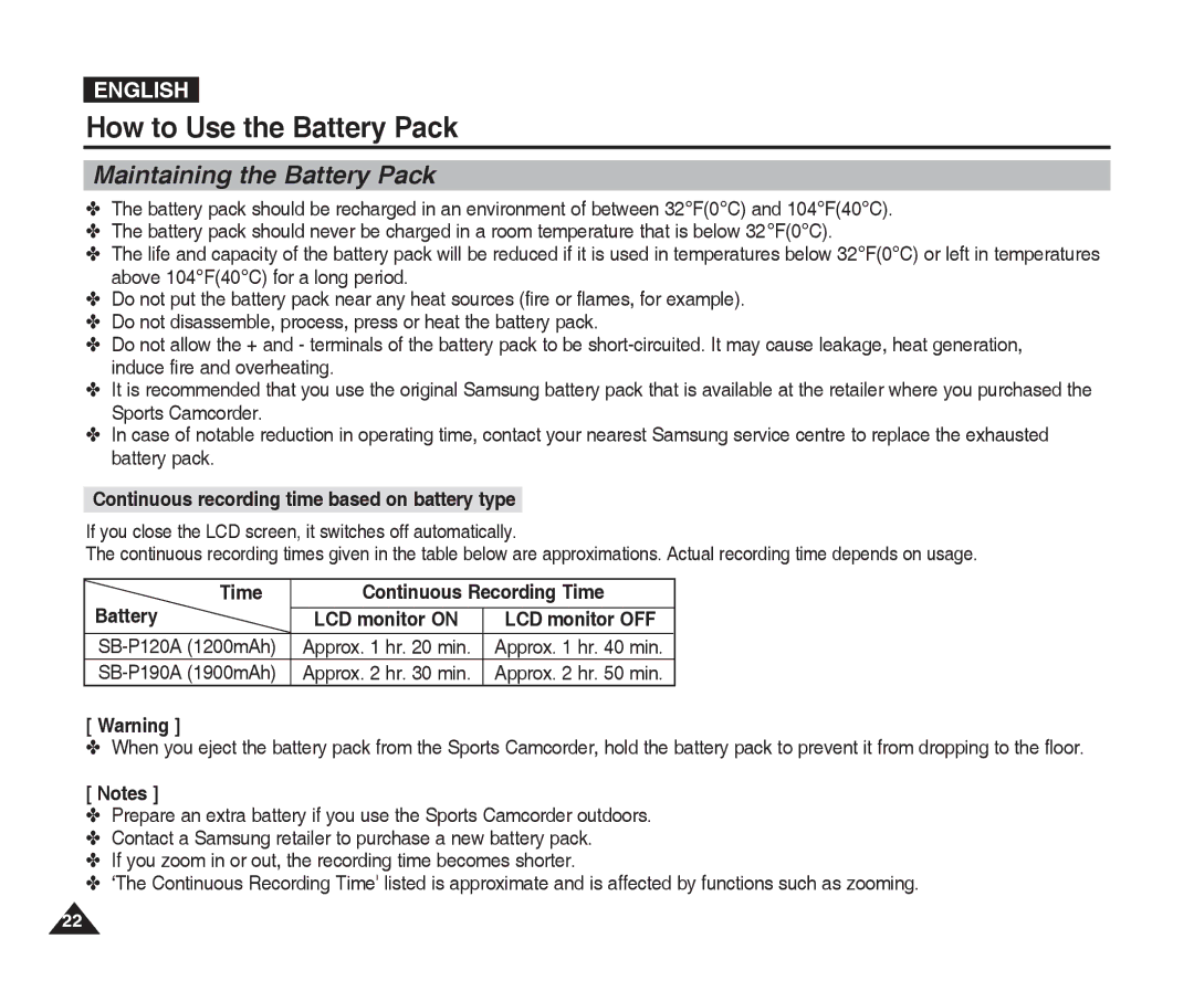 Samsung VP-X300L manual Maintaining the Battery Pack, Continuous recording time based on battery type, SB-P190A 1900mAh 