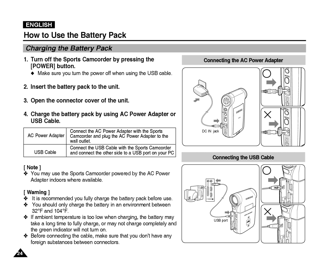 Samsung VP-X300L manual Charging the Battery Pack, Turn off the Sports Camcorder by pressing the Power button 