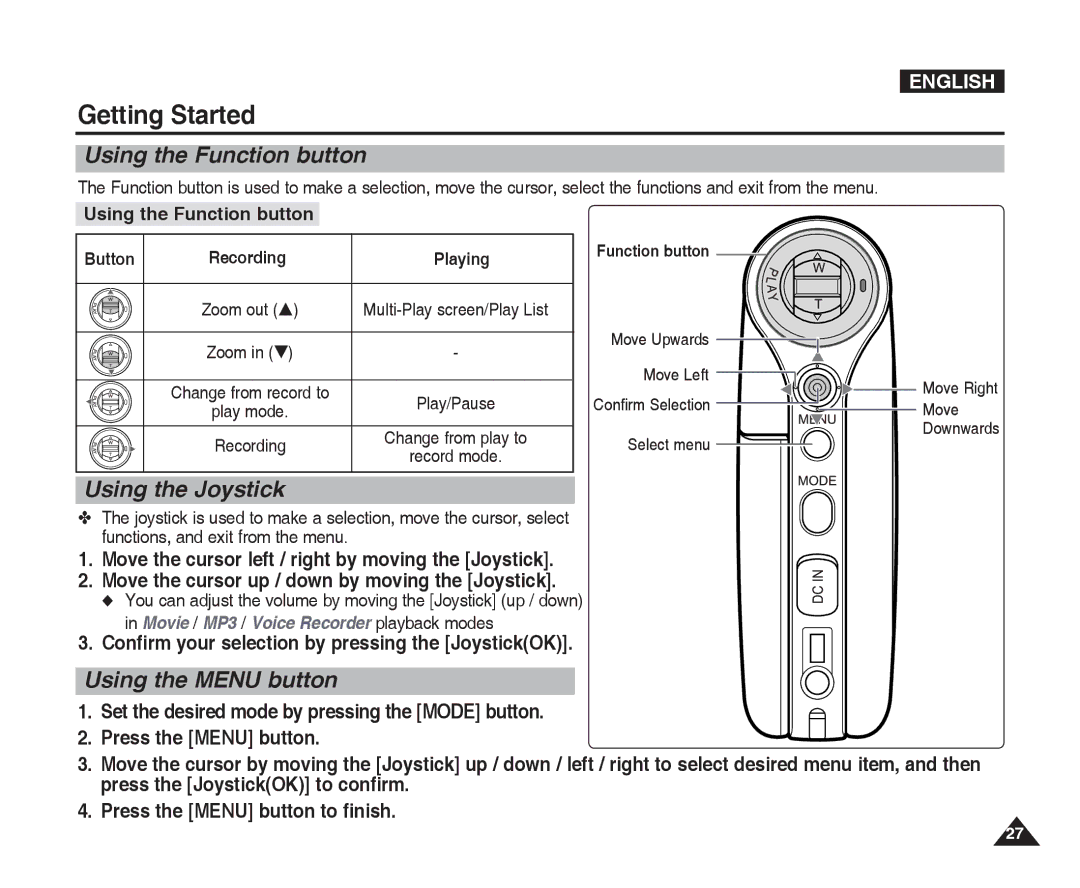 Samsung VP-X300L manual Using the Function button, Using the Joystick, Using the Menu button, Press the Menu button 