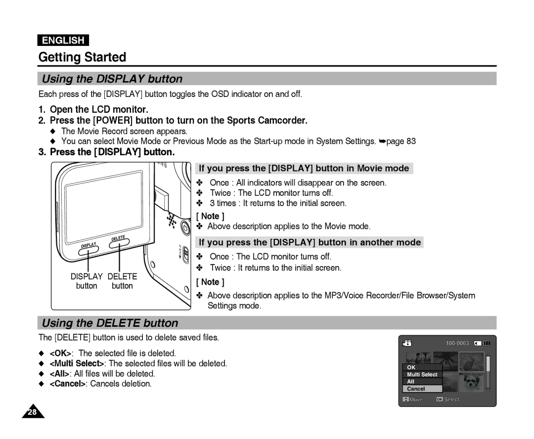 Samsung VP-X300L manual Using the Display button, Using the Delete button, Press the Display button 