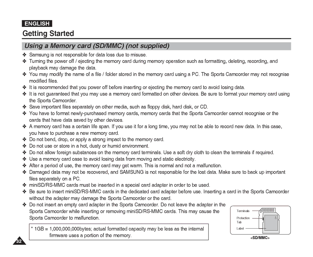 Samsung VP-X300L manual Using a Memory card SD/MMC not supplied 