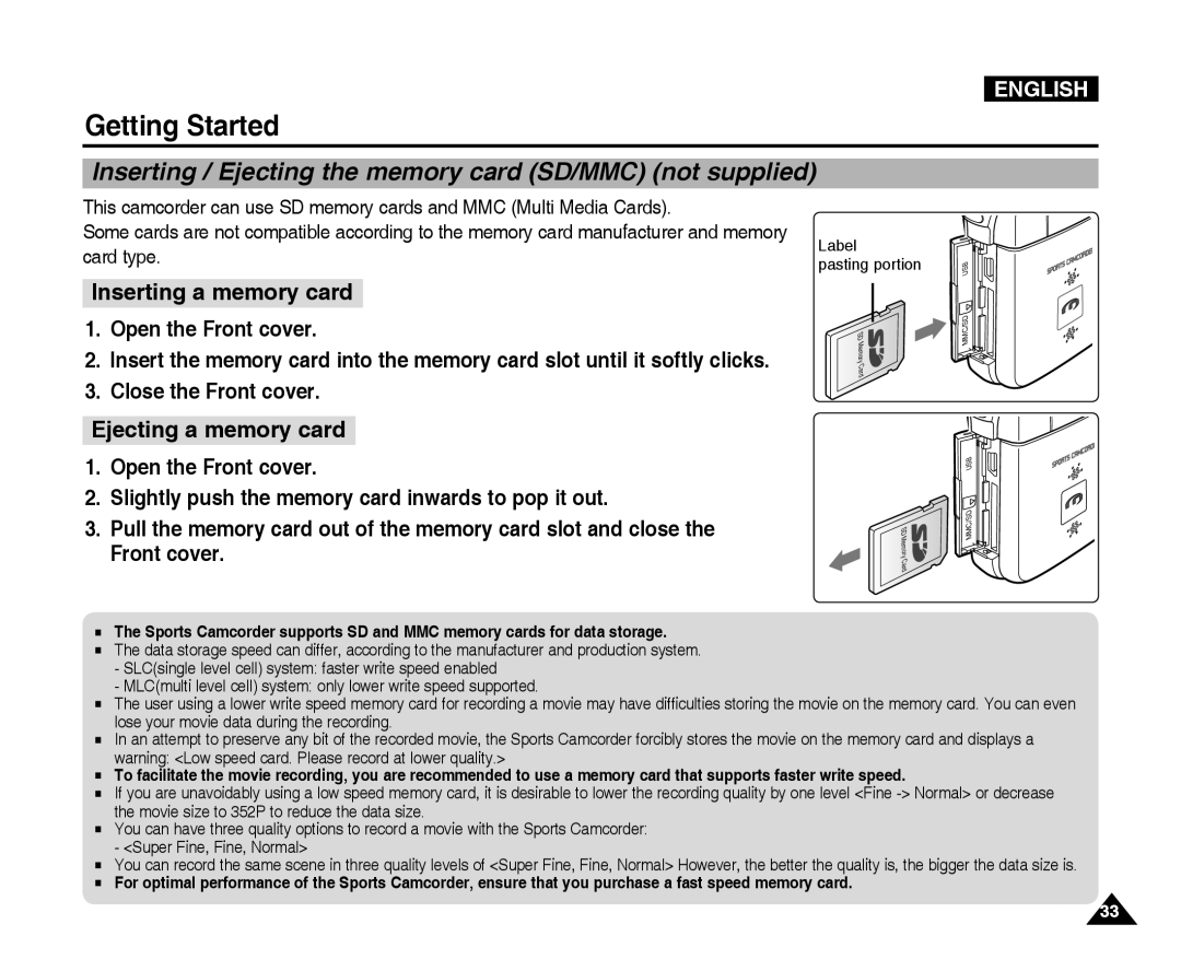 Samsung VP-X300L manual Inserting / Ejecting the memory card SD/MMC not supplied, Card type 