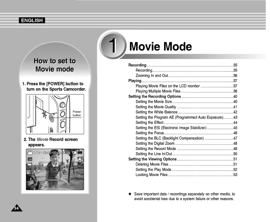 Samsung VP-X300L manual How to set to Movie mode, Movie Record screen appears 