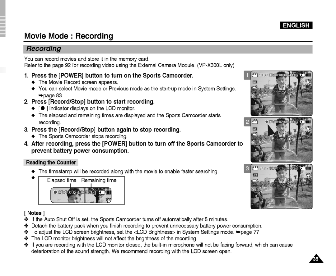 Samsung VP-X300L manual Movie Mode Recording, Press Record/Stop button to start recording, Reading the Counter 