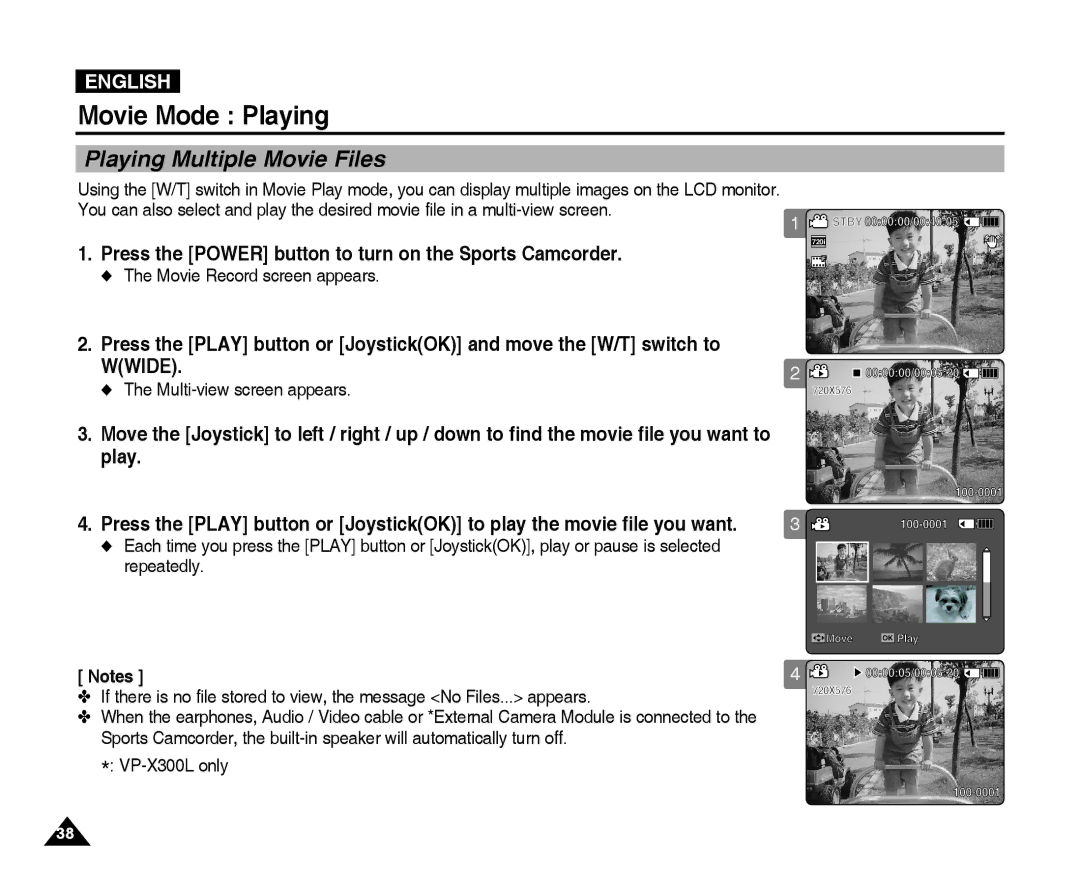 Samsung VP-X300L manual Playing Multiple Movie Files, Multi-view screen appears, Repeatedly 