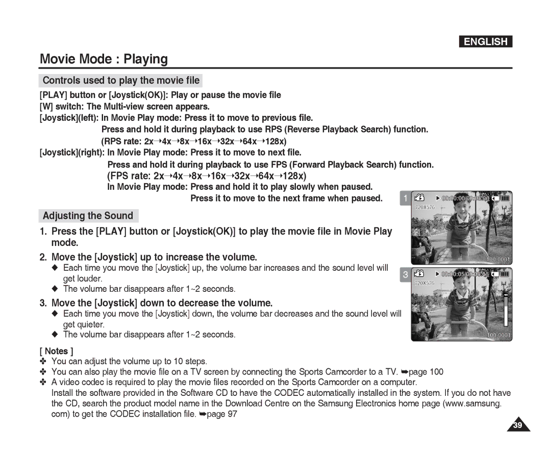 Samsung VP-X300L manual Controls used to play the movie file, FPS rate, Mode Move the Joystick up to increase the volume 