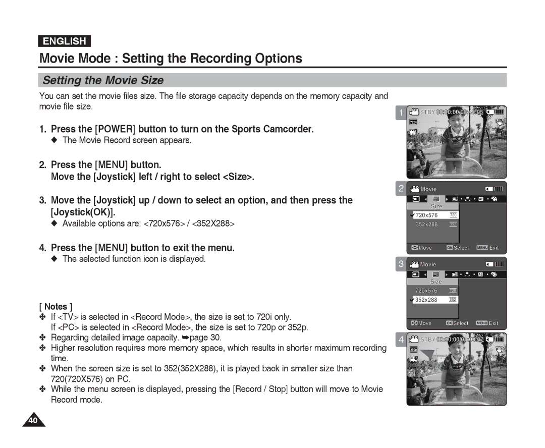 Samsung VP-X300 Movie Mode Setting the Recording Options, Setting the Movie Size, Press the Menu button to exit the menu 