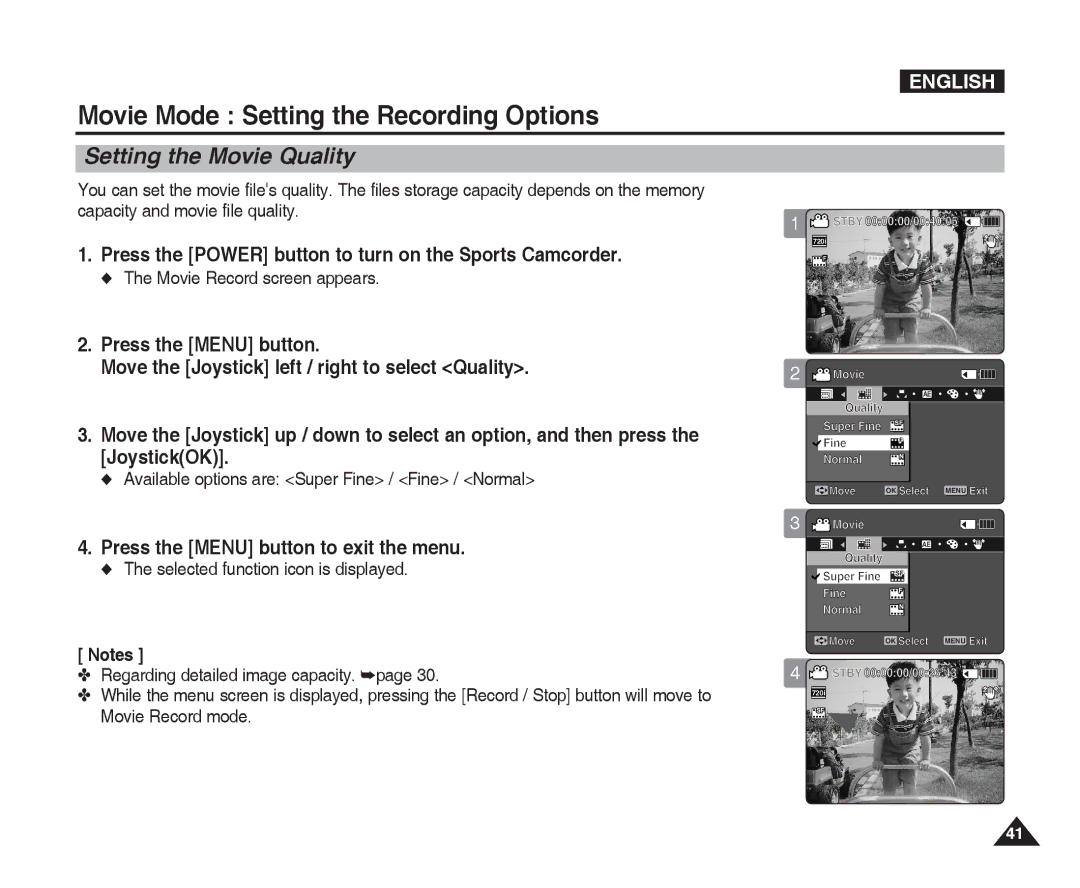 Samsung VP-X300L manual Setting the Movie Quality, Available options are Super Fine / Fine / Normal 