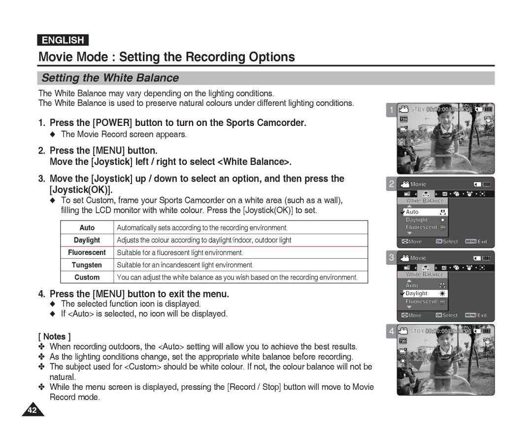 Samsung VP-X300L manual Setting the White Balance, Move the Joystick left / right to select White Balance, JoystickOK 