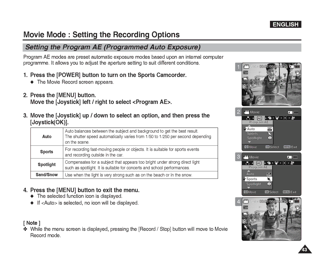 Samsung VP-X300L manual Setting the Program AE Programmed Auto Exposure 