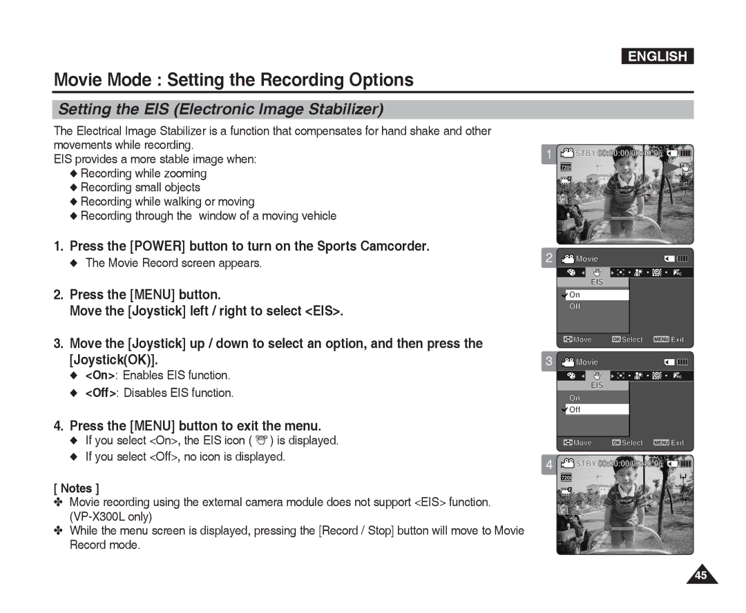 Samsung VP-X300L manual Setting the EIS Electronic Image Stabilizer, On Enables EIS function Off Disables EIS function 