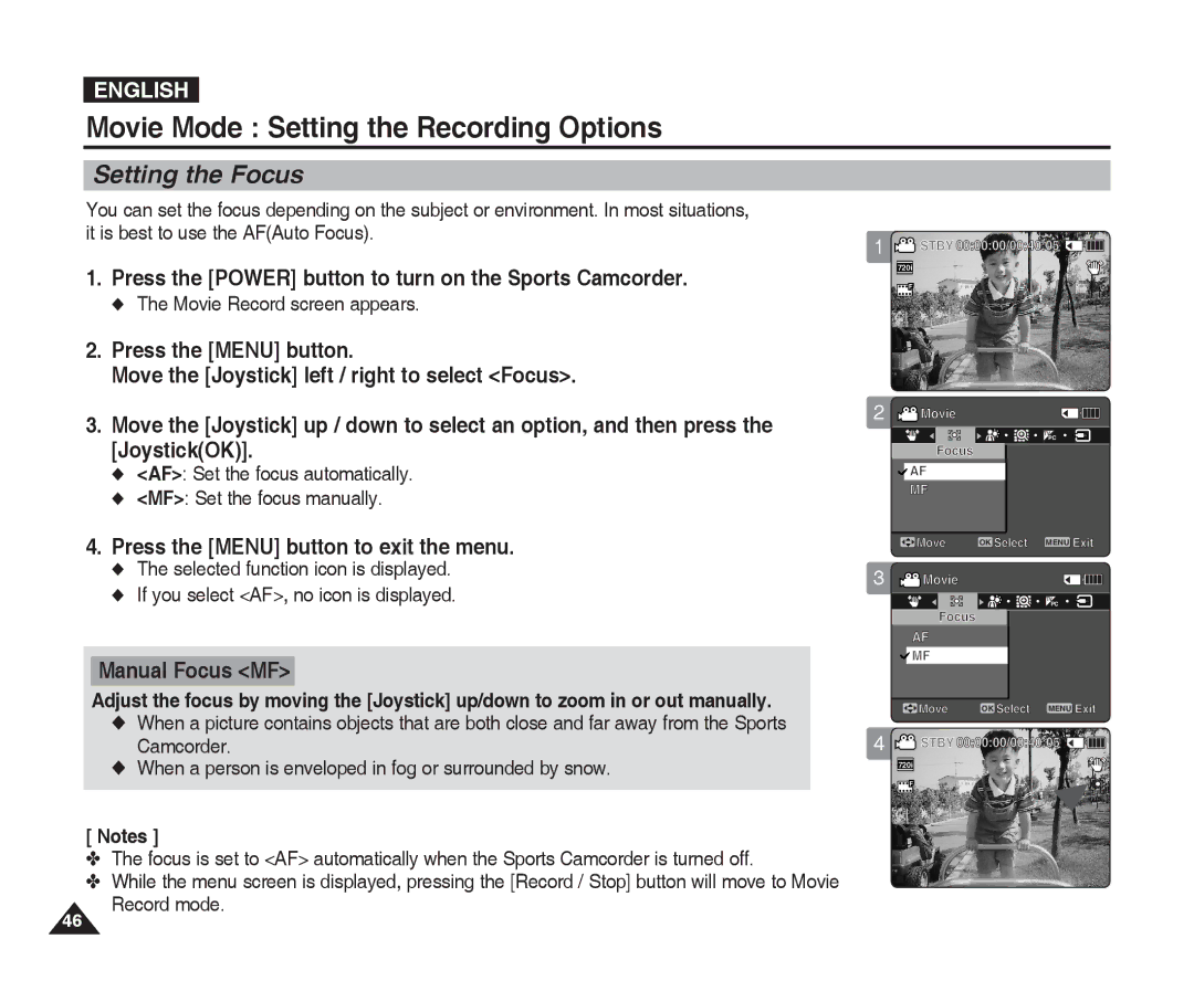 Samsung VP-X300L Setting the Focus, Manual Focus MF, AF Set the focus automatically MF Set the focus manually 