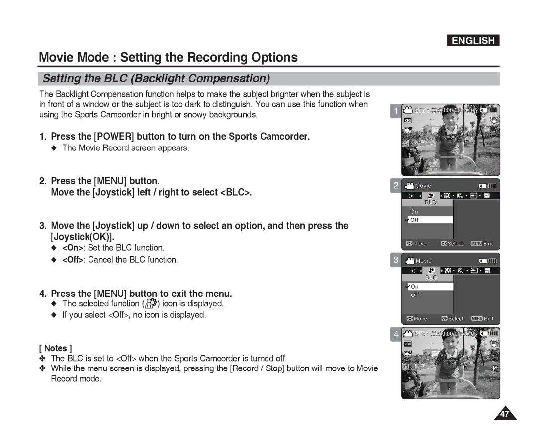 Samsung VP-X300L manual Setting the BLC Backlight Compensation, On Set the BLC function Off Cancel the BLC function 