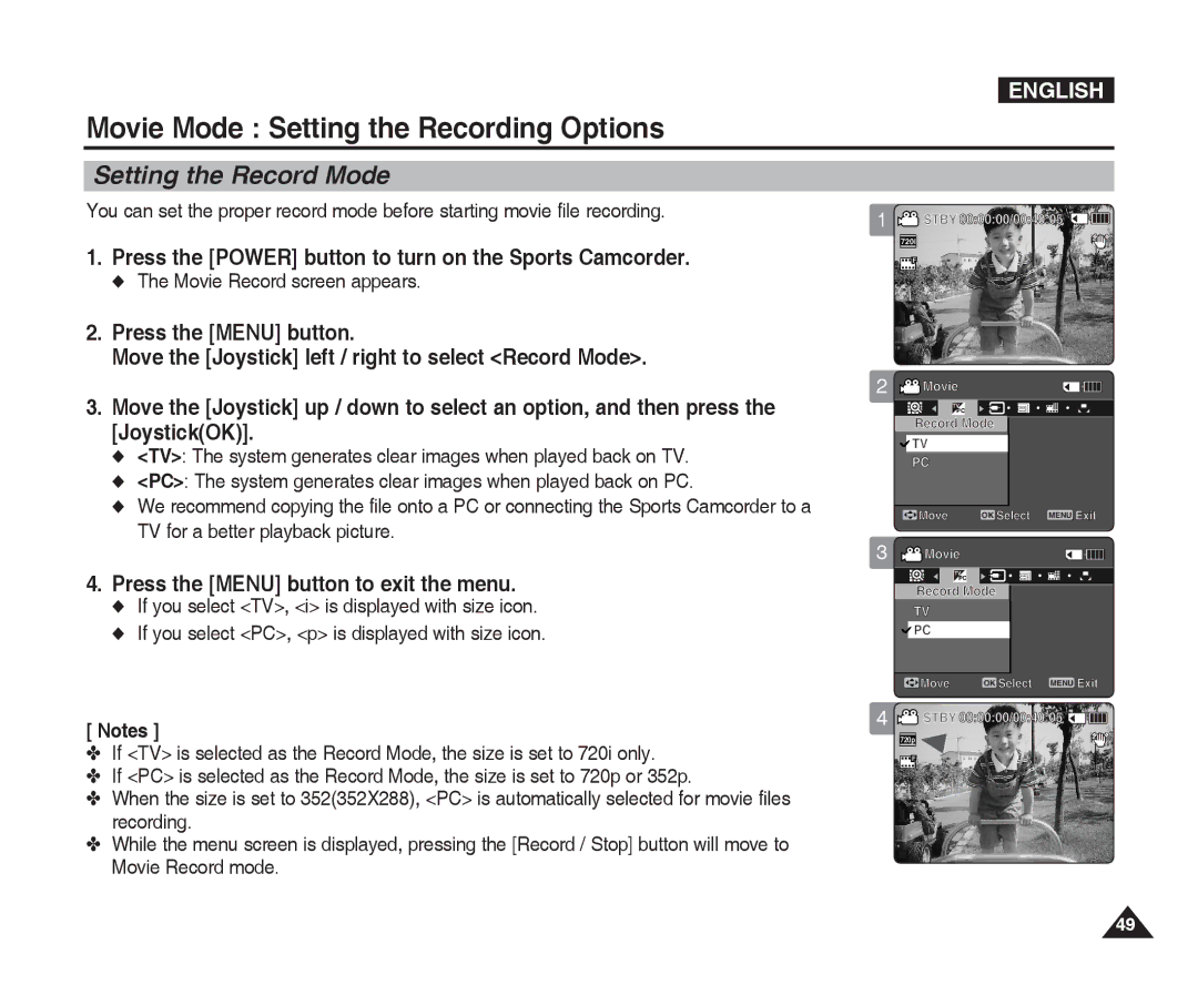 Samsung VP-X300L manual Setting the Record Mode 