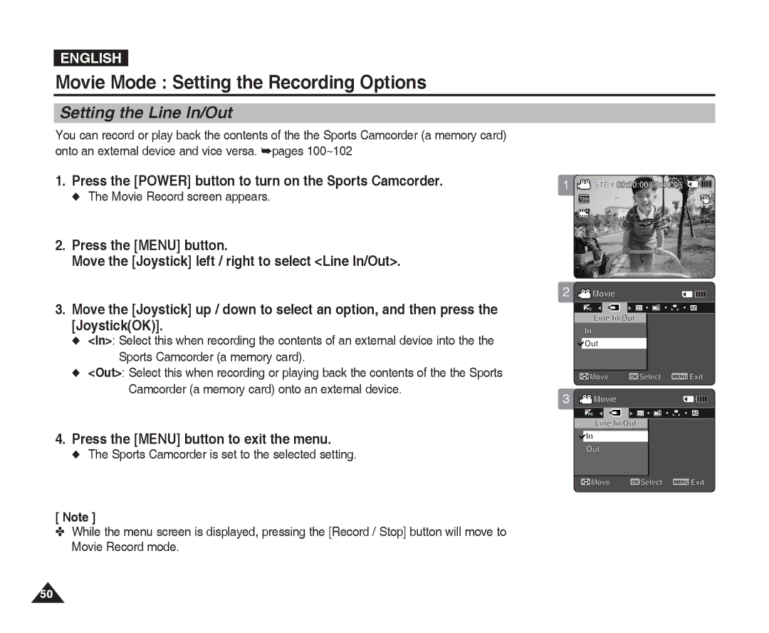 Samsung VP-X300L manual Setting the Line In/Out, Sports Camcorder is set to the selected setting 