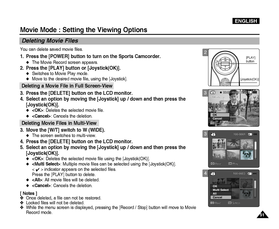 Samsung VP-X300L Movie Mode Setting the Viewing Options, Deleting Movie Files, Deleting a Movie File in Full Screen-View 