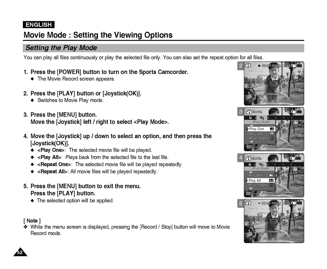 Samsung VP-X300L manual Setting the Play Mode, Switches to Movie Play mode 