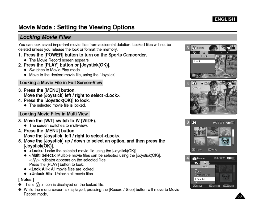 Samsung VP-X300L manual Locking Movie Files, Selected movie file is locked 