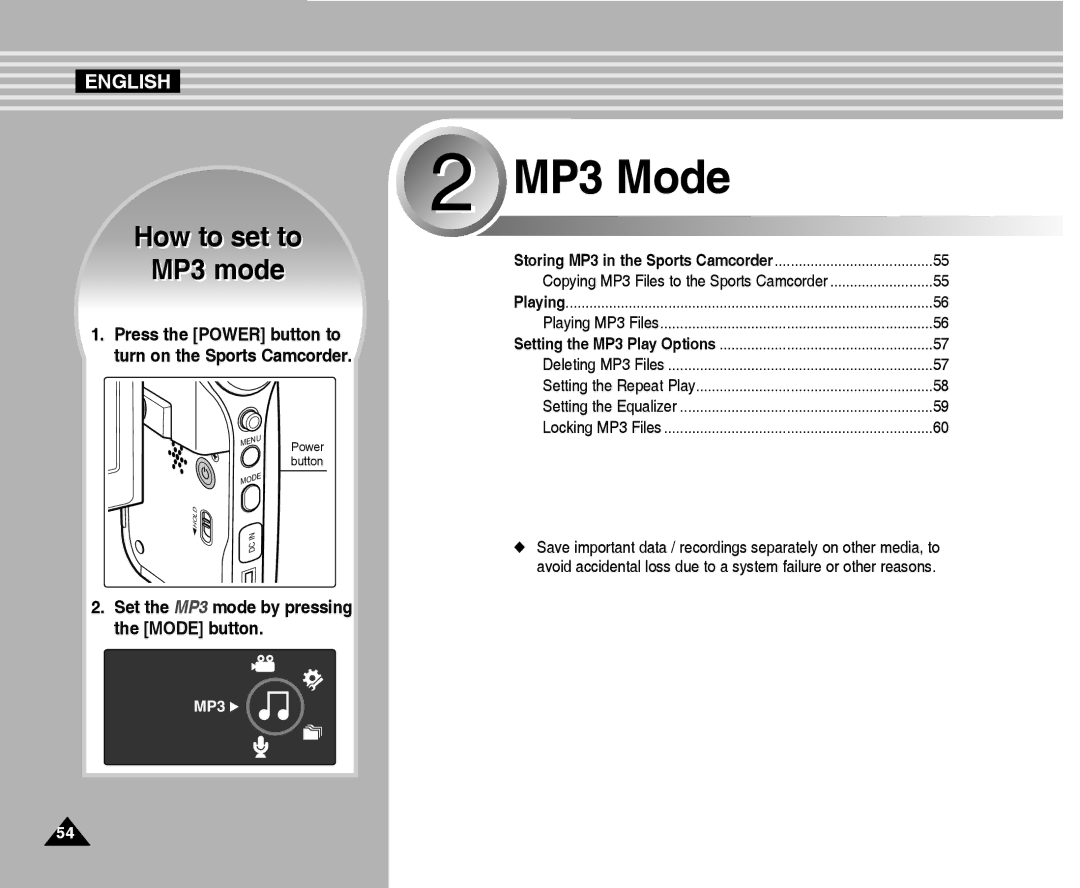 Samsung VP-X300L manual How to set to MP3 mode, Set the MP3 mode by pressing the Mode button 